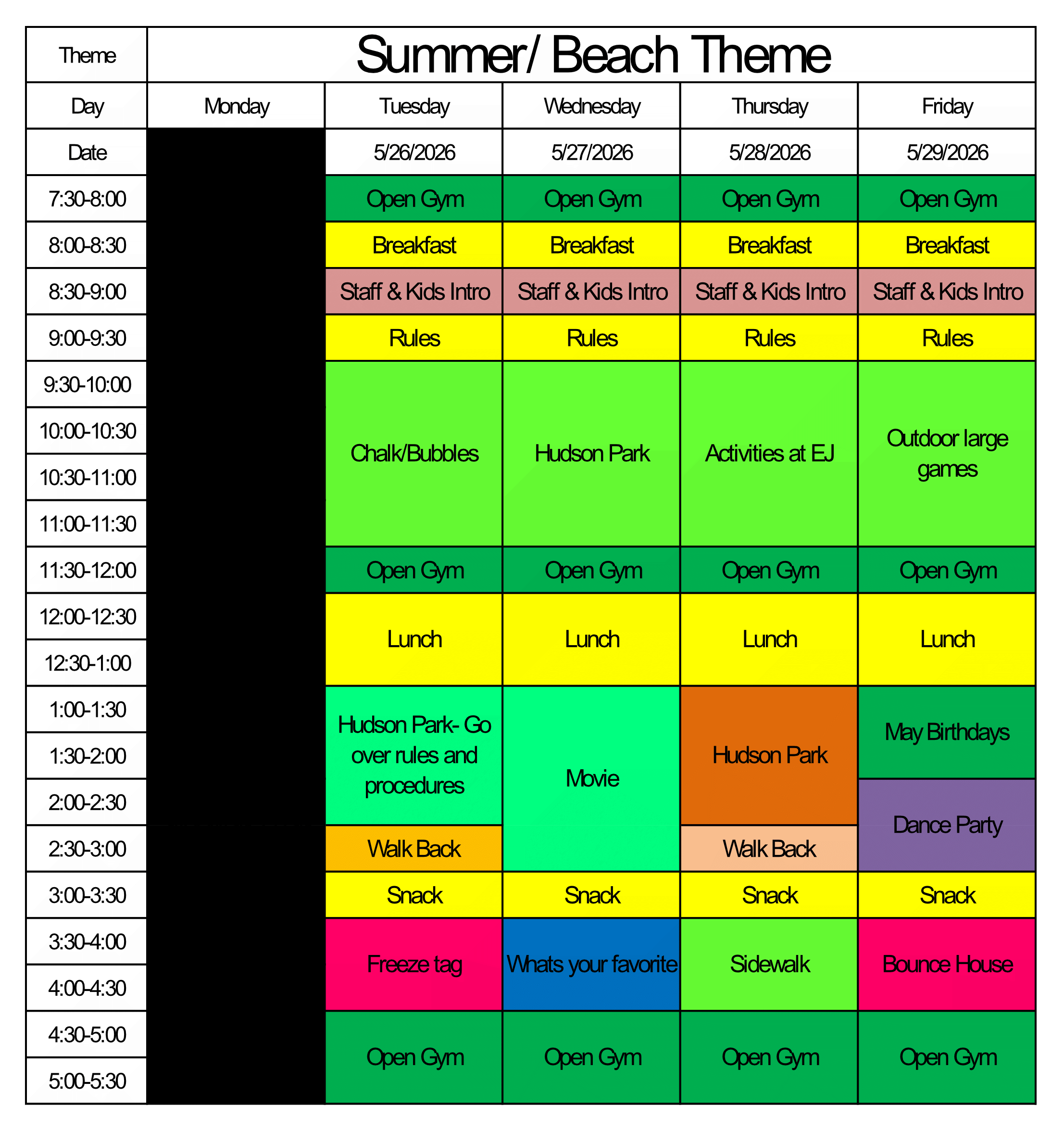 Week 1 Day Camp Schedule